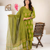 Elegant Olive Green Paisley Teardrop Printed Cotton Stitched Suit Set