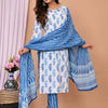 Off-White & Sky Blue Leaf Sprig Hand-Block Printed Stitched Cotton Suit Set with Leheriya Cotton Malmal Dupatta