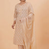 Pastel Beige, Cream & White Tree Booti Hand-Block Printed Stitched Cotton Suit Set with Printed Chiffon Dupatta