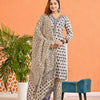 Off-White & Royal Blue Floral Tree Booti Hand-Block Printed Stitched Cotton Suit Set with Printed Chiffon Dupatta