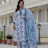 Off-White & French Blue Floral Booti Hand-Block Printed Stitched Cotton Suit Set with Printed Cotton Malmal Dupatta