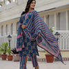 Peacock Blue, Pink & Mustard Floral Bandhani Hand-Block Printed Stitched Cotton Suit Set with Printed Cotton Dupatta