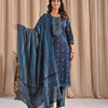 Indigo Navy Blue & Slate Blue Tree Booti Hand-Block Printed Stitched Cotton Suit Set with Printed Chiffon Dupatta