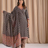 Jet Black, Rust Red & Off-White Geometric Floral Grid Hand-Block Printed Stitched Cotton Suit Set with Printed Chiffon Dupatta