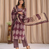 Deep Plum Purple & Beige Oval Floral Medallion Hand-Block Printed Stitched Cotton Suit Set with Cotton Malmal Dupatta