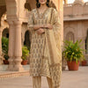 Beige & Brown Royal Paisley Booti Hand-Block Printed Stitched Cotton Suit Set with Printed Chiffon Dupatta