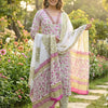 Off-White, Magenta Pink & Olive Green Hand-Block Printed Stitched Cotton Suit Set with Cotton Malmal Dupatta