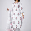 Pristine White, Pink & Charcoal Grey Floral Medallion Hand-Block Printed Stitched Cotton Suit Set with Printed Cotton Malmal Dupatta